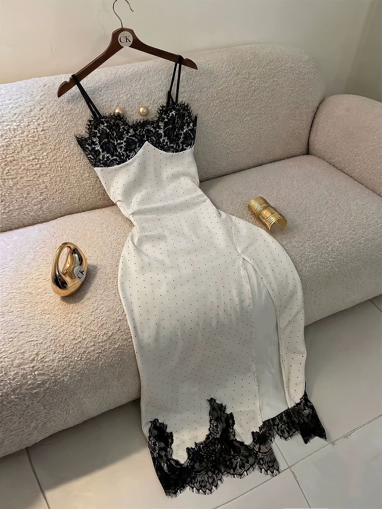 Polka-Dot Lace Slip Dress Black Dot Chiffon Camisole Maxi with V-Neck and High-Slit Hem