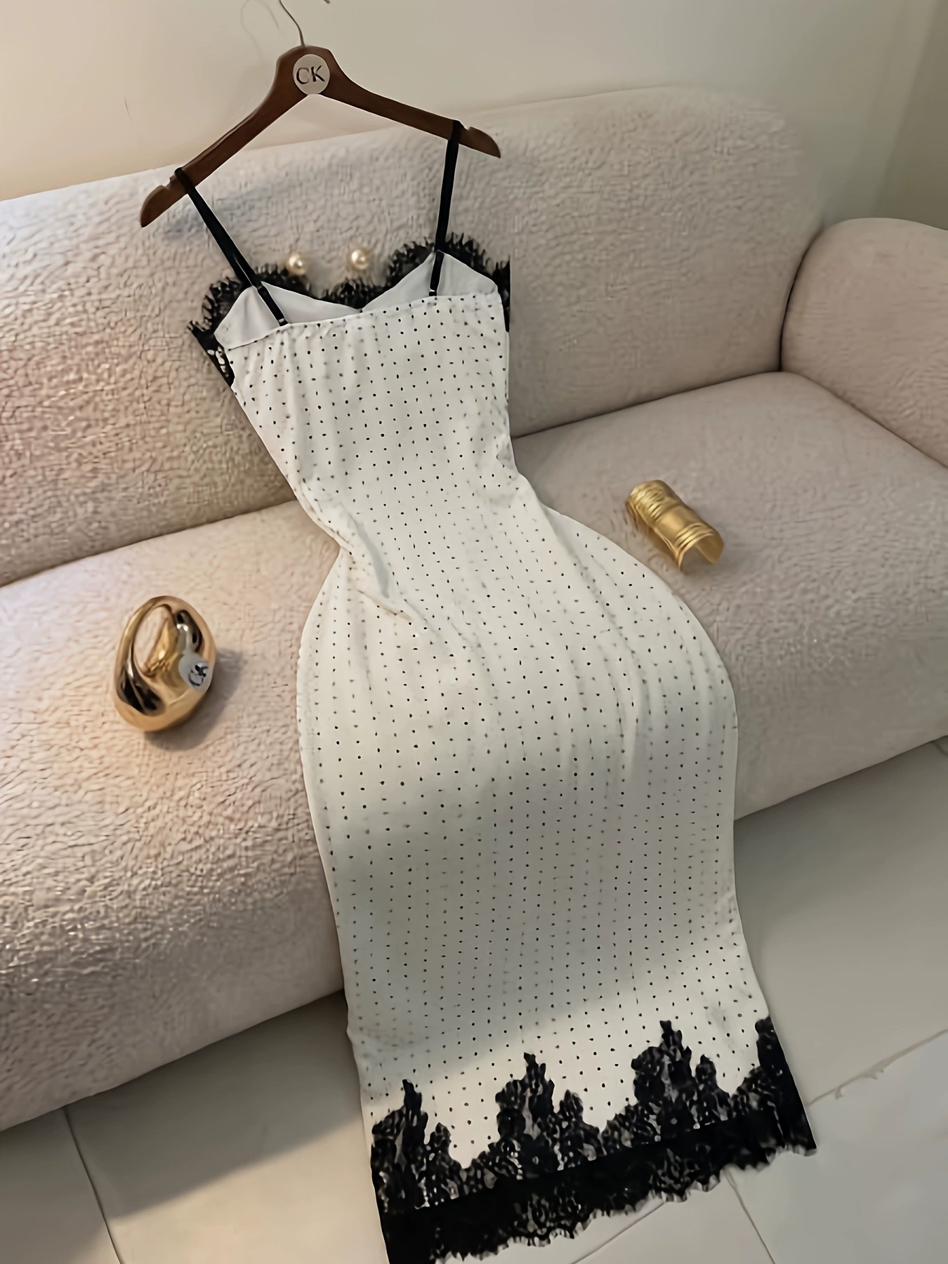 Polka-Dot Lace Slip Dress Black Dot Chiffon Camisole Maxi with V-Neck and High-Slit Hem