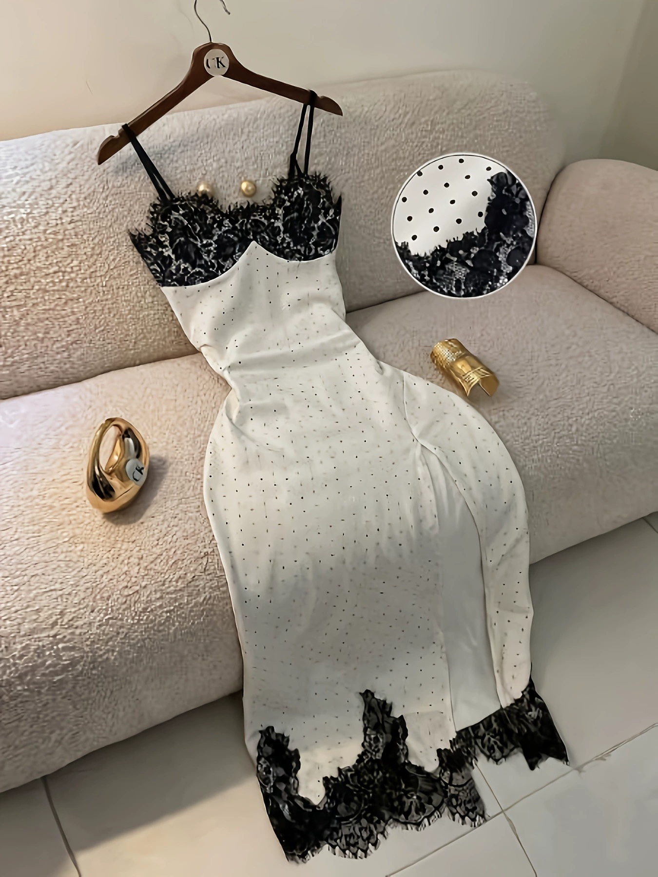 Polka-Dot Lace Slip Dress Black Dot Chiffon Camisole Maxi with V-Neck and High-Slit Hem
