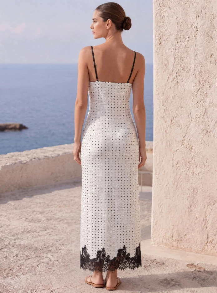 Polka-Dot Lace Slip Dress Black Dot Chiffon Camisole Maxi with V-Neck and High-Slit Hem