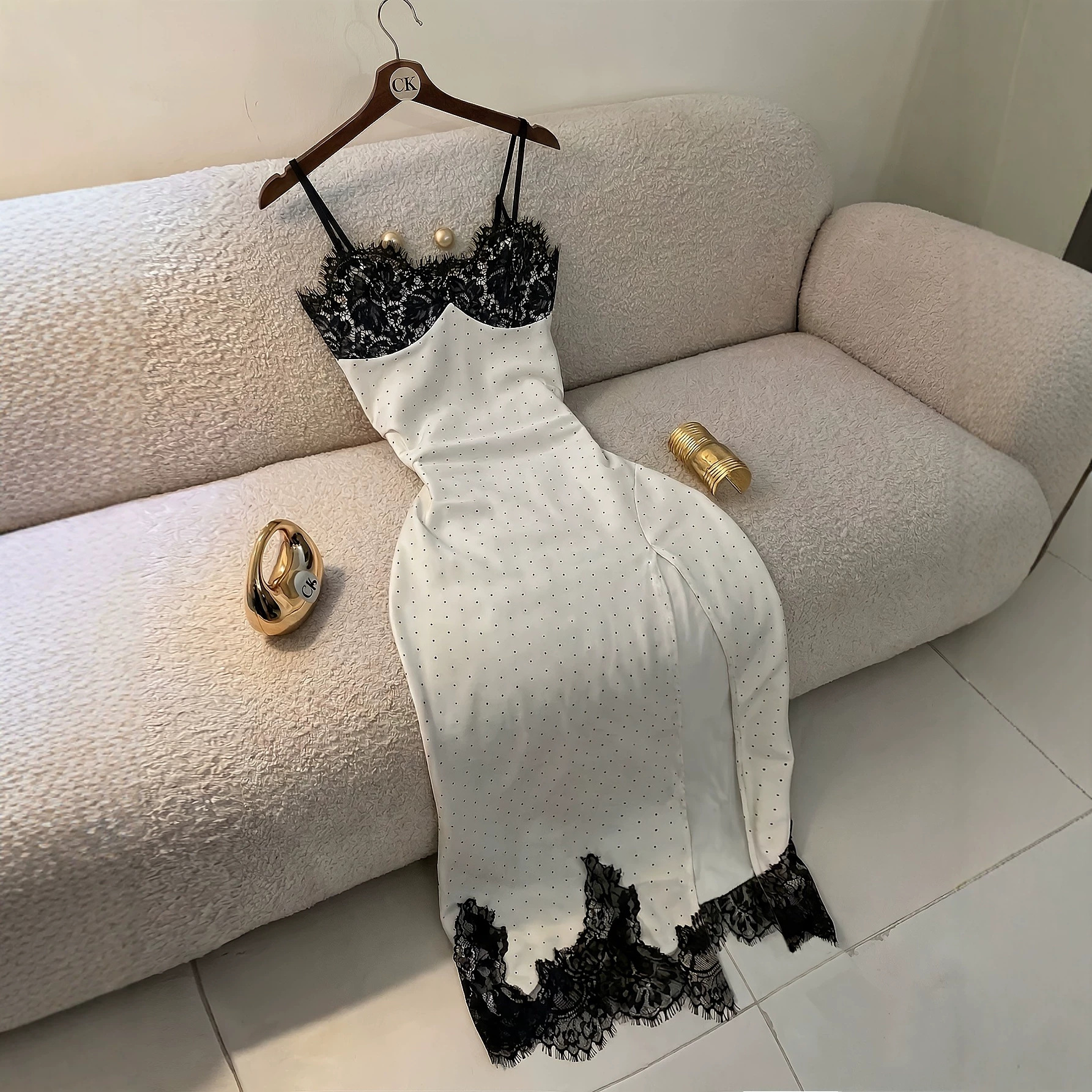Polka-Dot Lace Slip Dress Black Dot Chiffon Camisole Maxi with V-Neck and High-Slit Hem