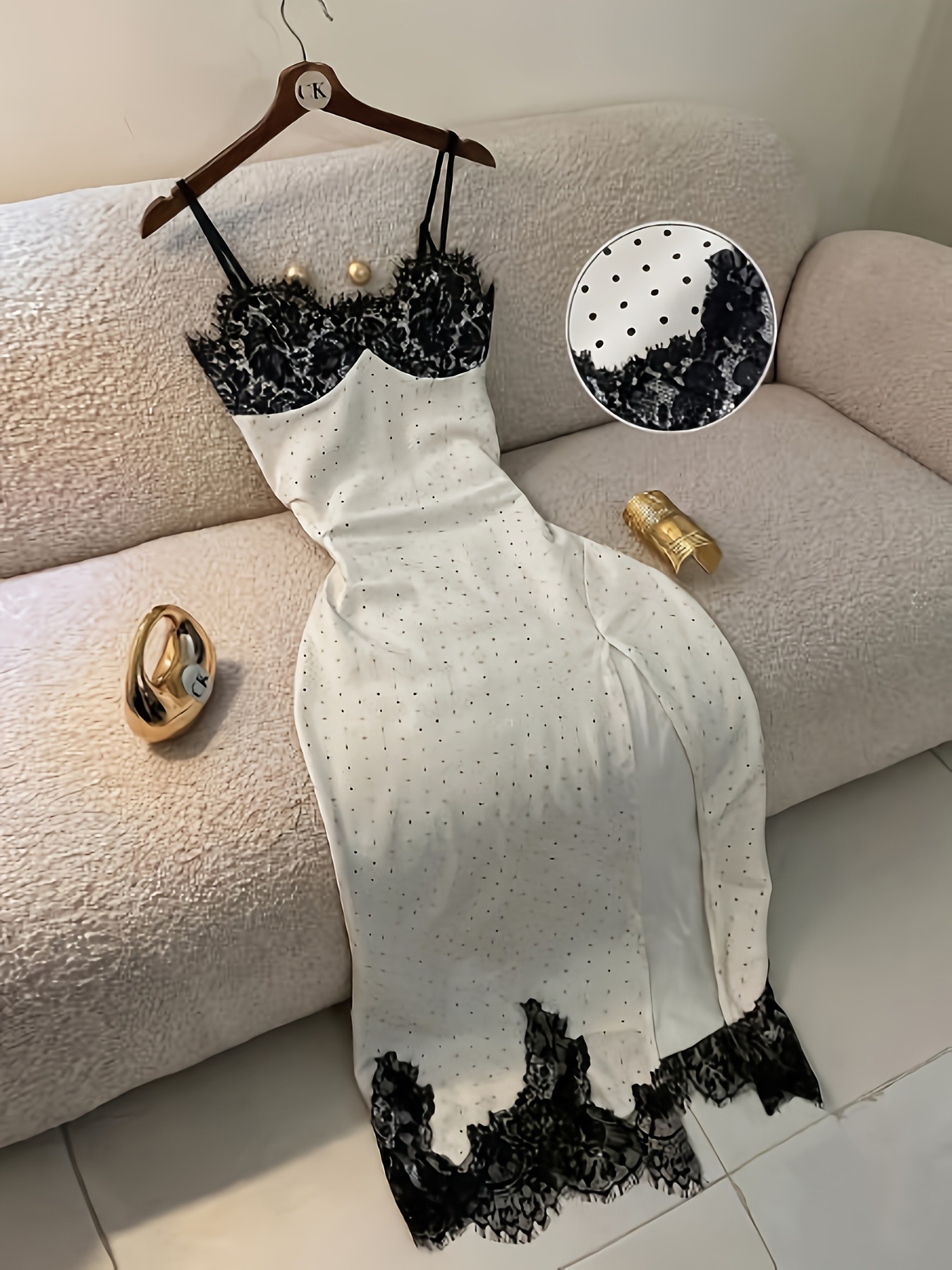 2026 Polka Dot Spaghetti-Strap Maxi Dress - Black Lace V-Neck High-Slit Resort Gown