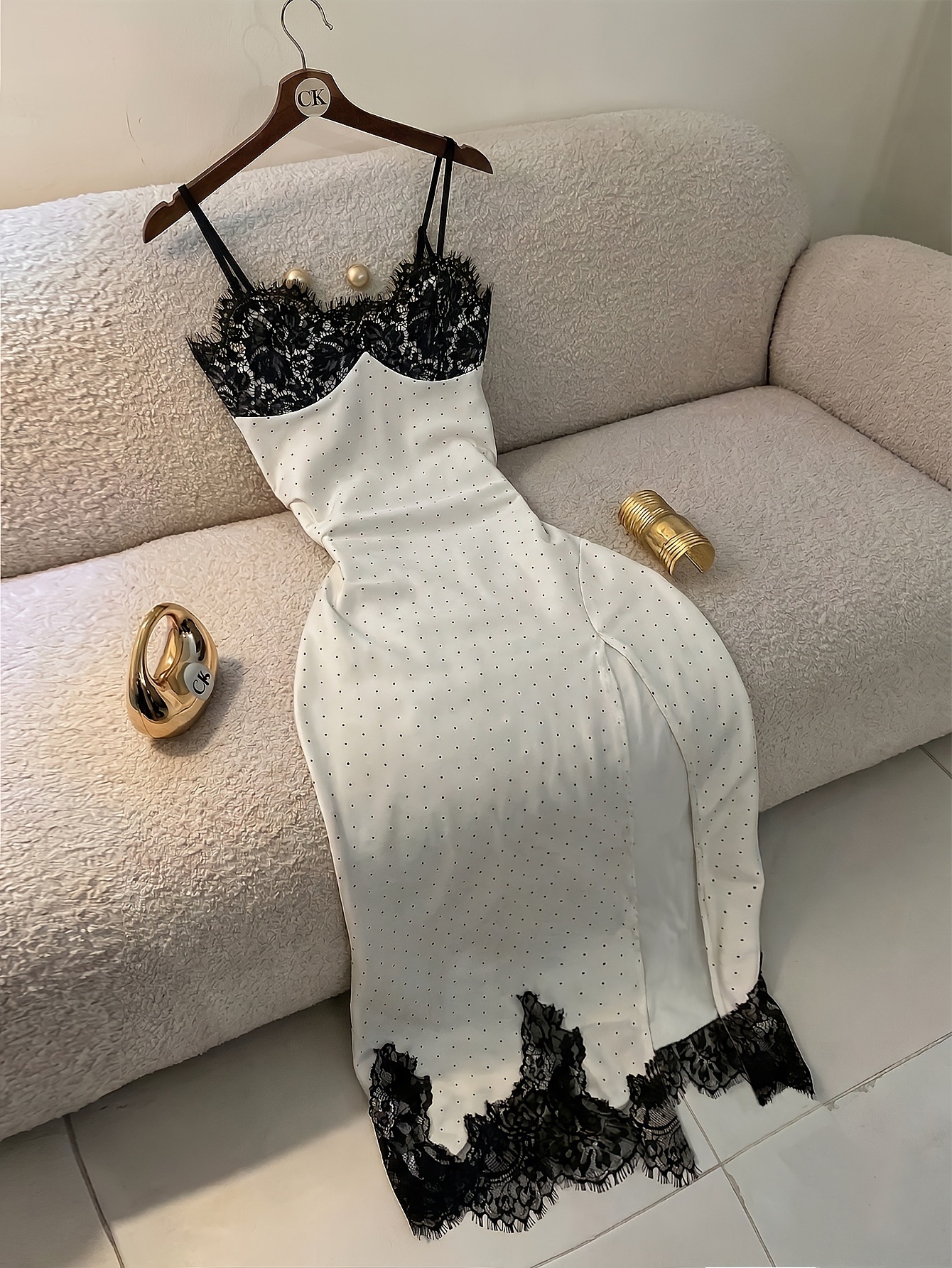 2026 Polka Dot Spaghetti-Strap Maxi Dress - Black Lace V-Neck High-Slit Resort Gown - detail 4