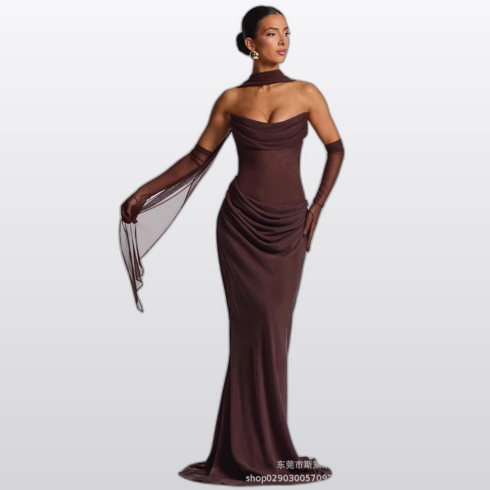 SDM195 Mesh Strapless Evening Gown Two-Piece Set Party Dress with Sheer Gloves