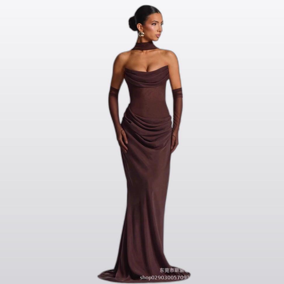 SDM195 Mesh Strapless Evening Gown Two-Piece Set Party Dress with Sheer Gloves