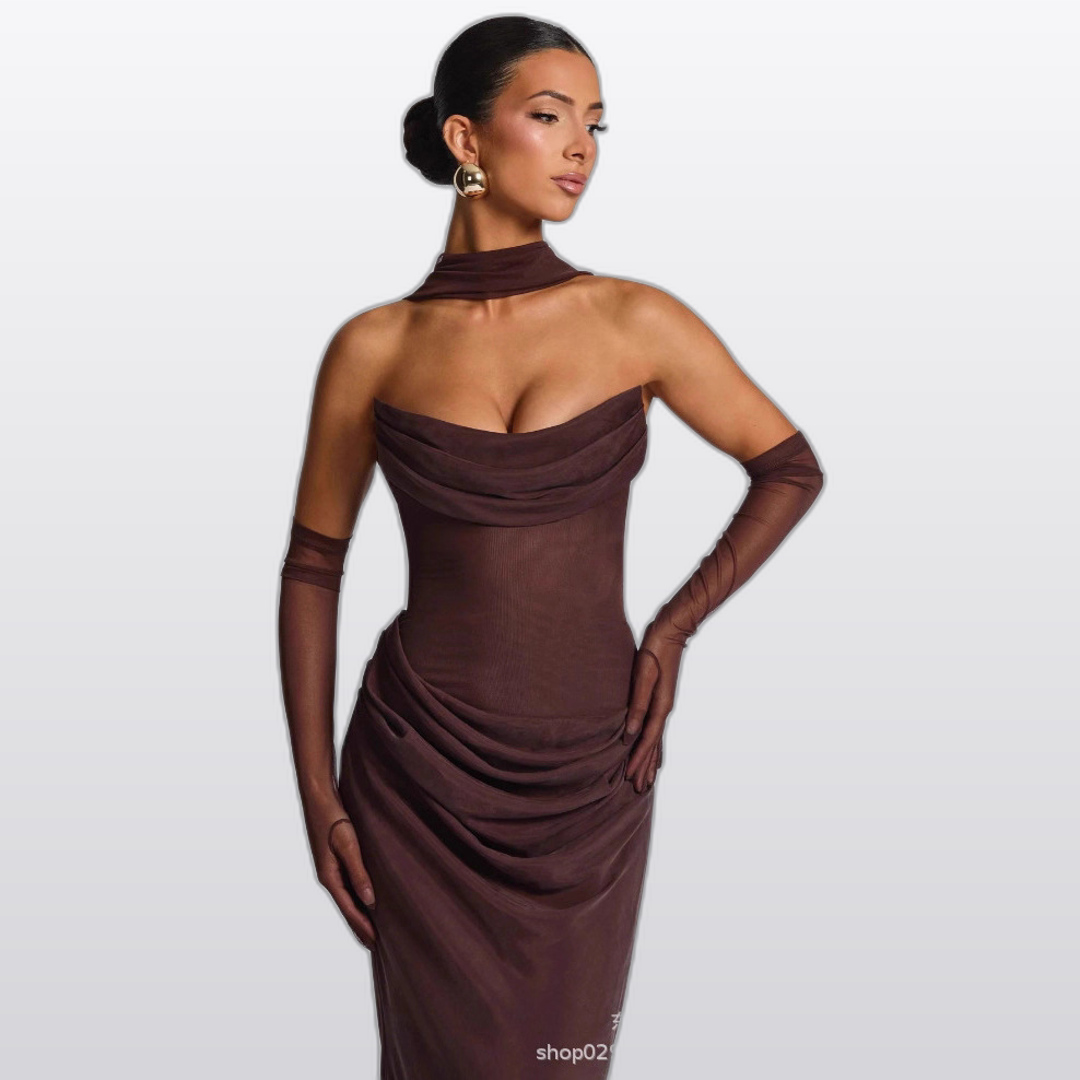 SDM195 Mesh Strapless Evening Gown Two-Piece Set Party Dress with Sheer Gloves