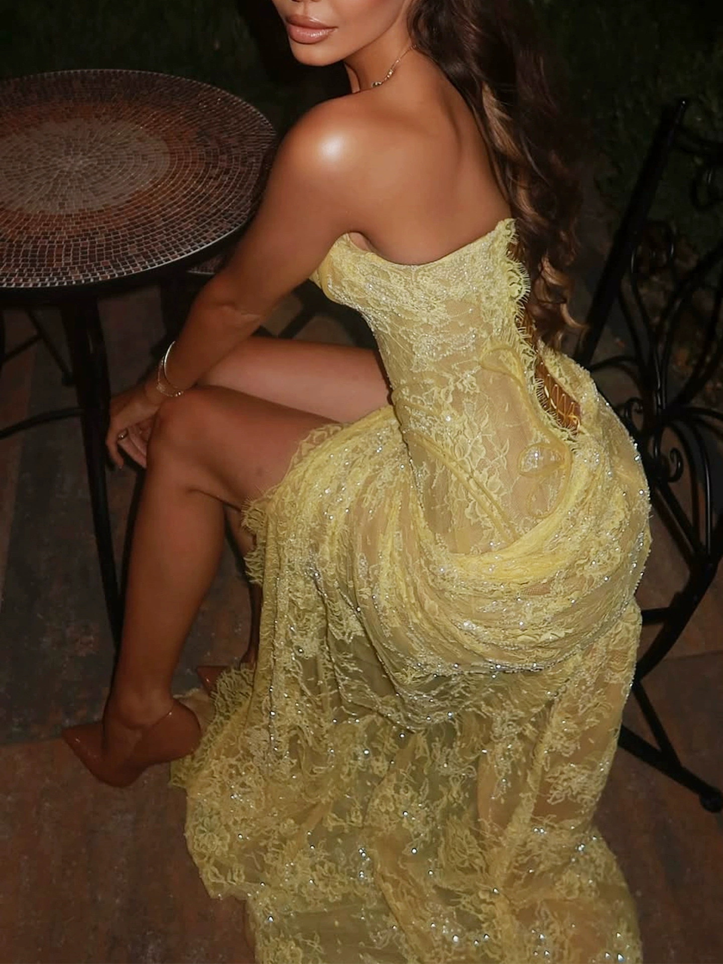Radiant Light-Yellow Strapless Couture Gown — Lace & Sequin Embellished High-Slit Evening Dress 👑✨