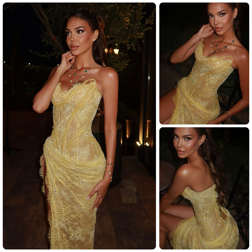 Radiant Light-Yellow Strapless Couture Gown — Lace & Sequin Embellished High-Slit Evening Dress 👑✨ - detail 1