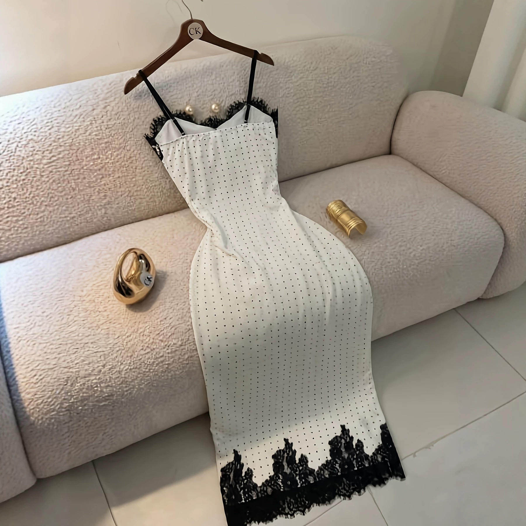 Polka-Dot Lace Slip Dress Black Dot Chiffon Camisole Maxi with V-Neck and High-Slit Hem