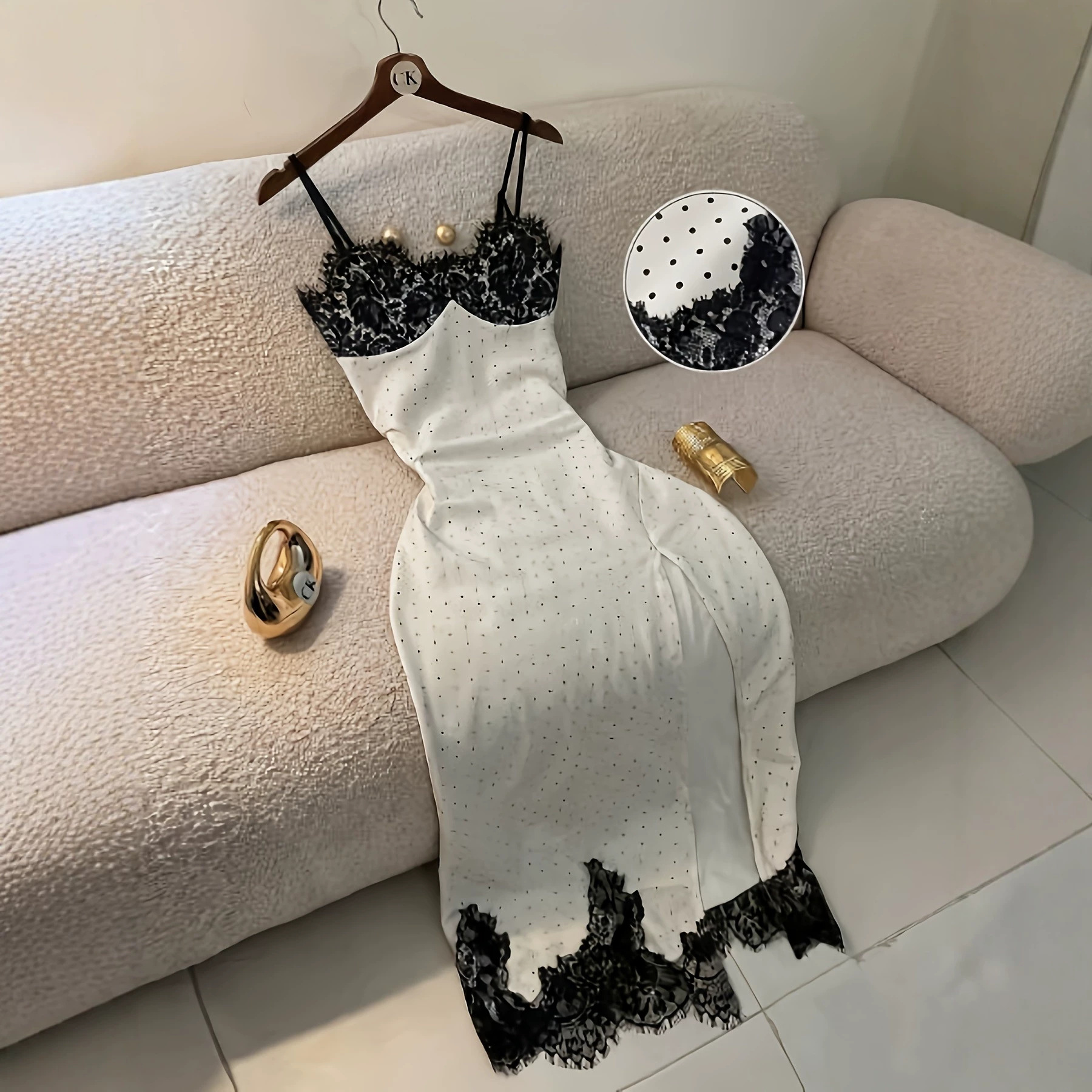 Polka-Dot Lace Slip Dress Black Dot Chiffon Camisole Maxi with V-Neck and High-Slit Hem