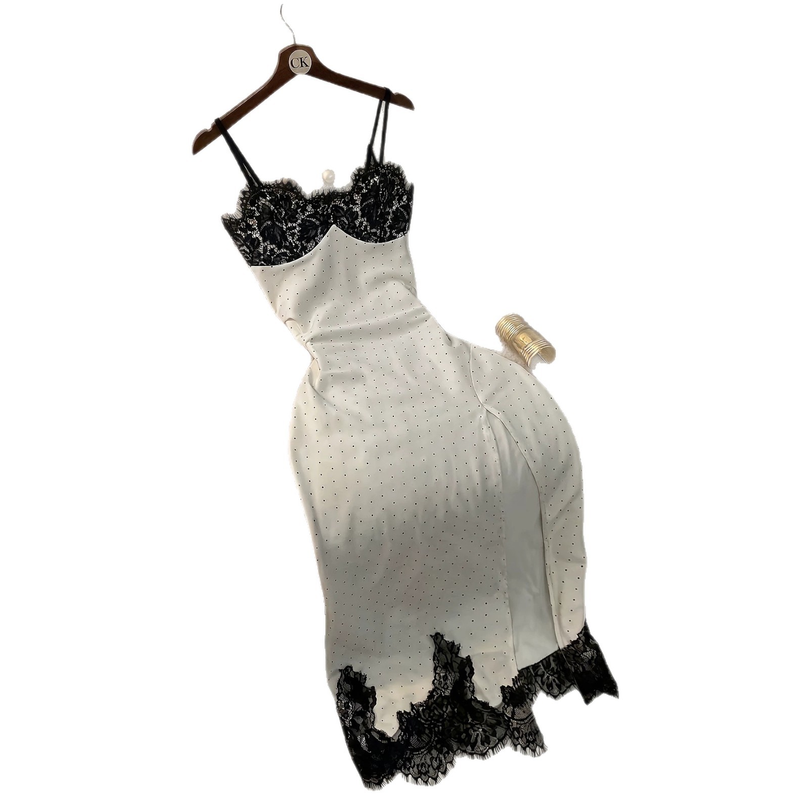 Polka-Dot Lace Slip Dress Black Dot Chiffon Camisole Maxi with V-Neck and High-Slit Hem
