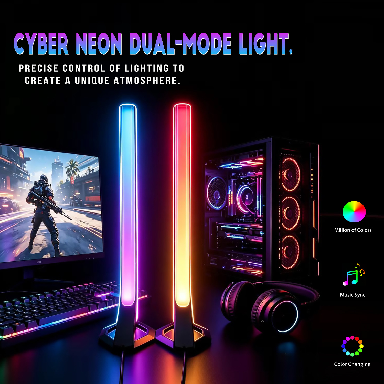 RGB Bedroom Ambience Light Sound Reactive Desktop Lamp with Bluetooth App and Remote, 2 Strips