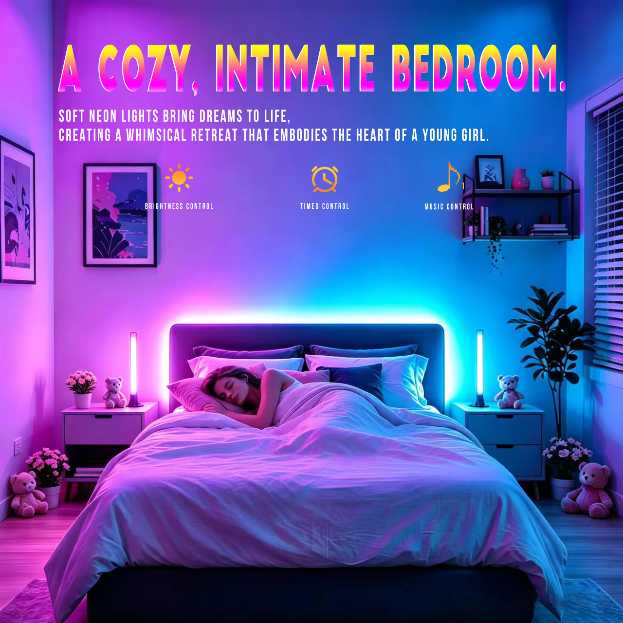 RGB Bedroom Ambience Light Sound Reactive Desktop Lamp with Bluetooth App and Remote, 2 Strips