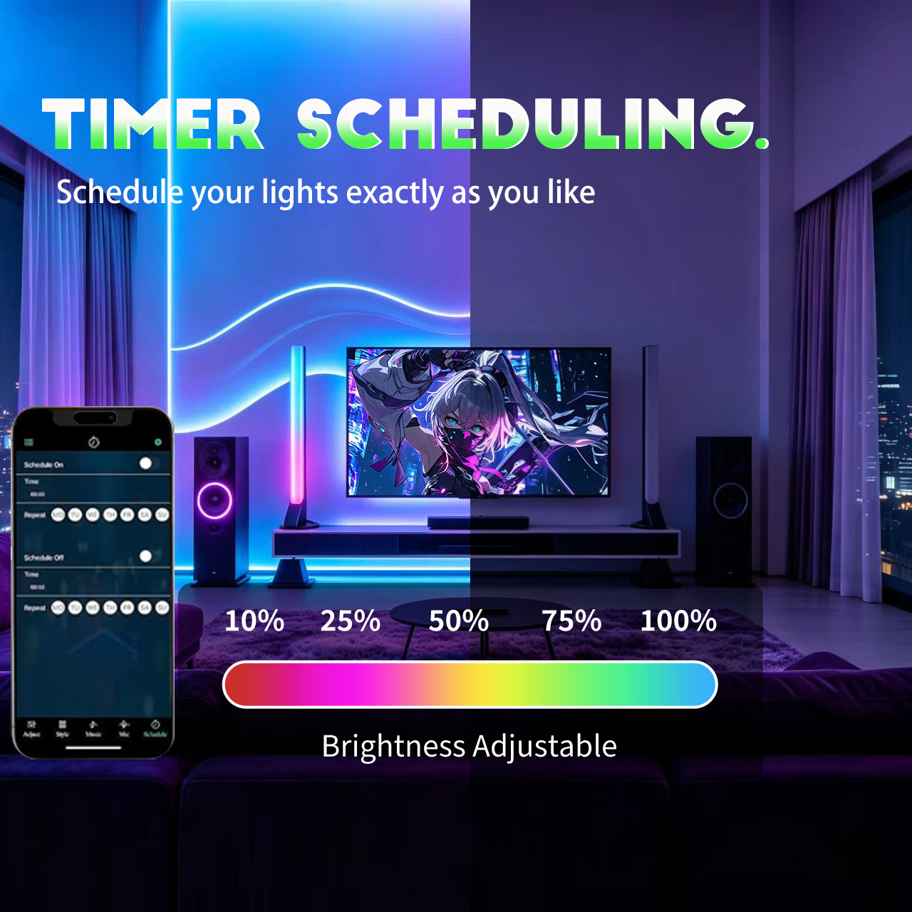 RGB Bedroom Ambience Light Sound Reactive Desktop Lamp with Bluetooth App and Remote, 2 Strips