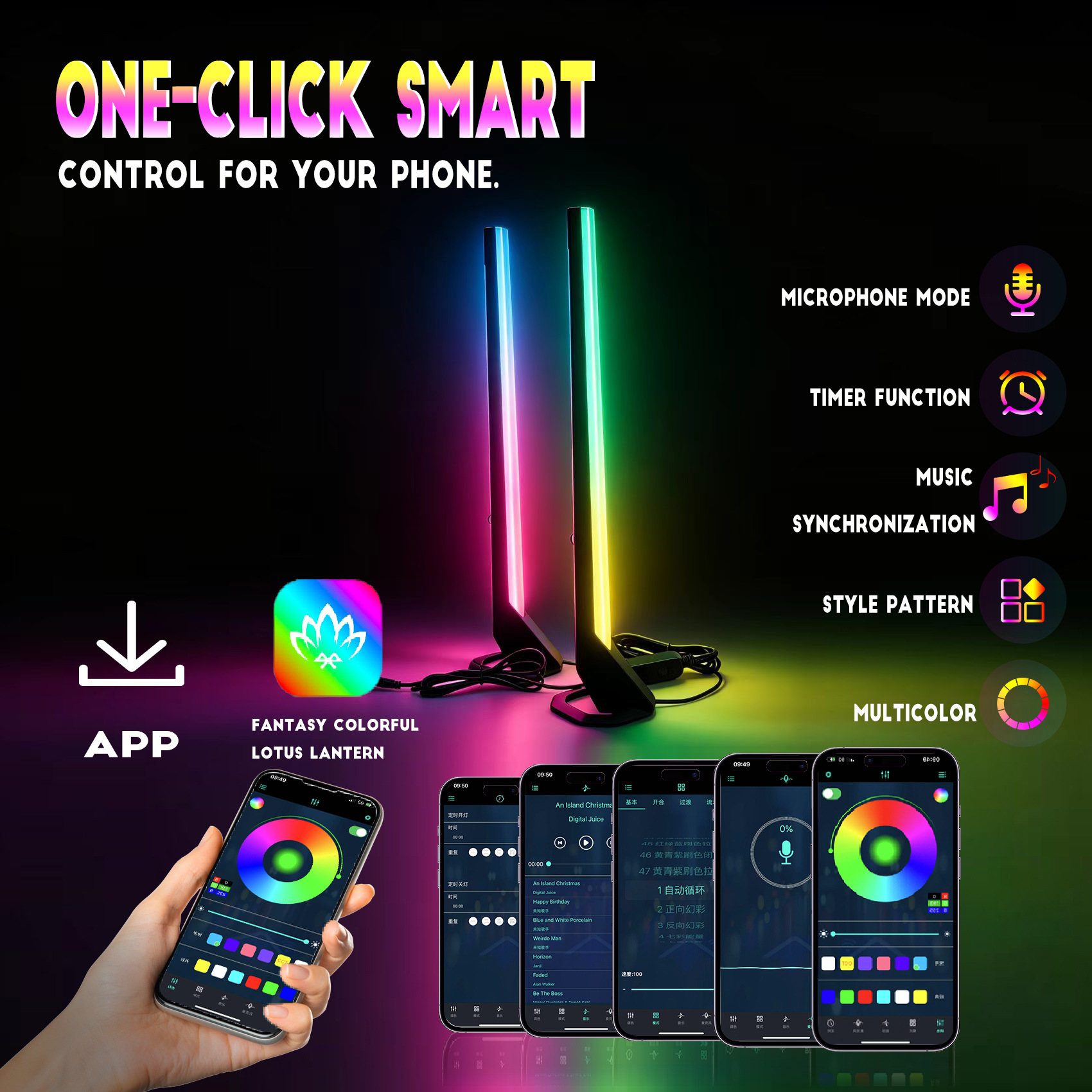 RGB Bedroom Ambience Light Sound Reactive Desktop Lamp with Bluetooth App and Remote, 2 Strips