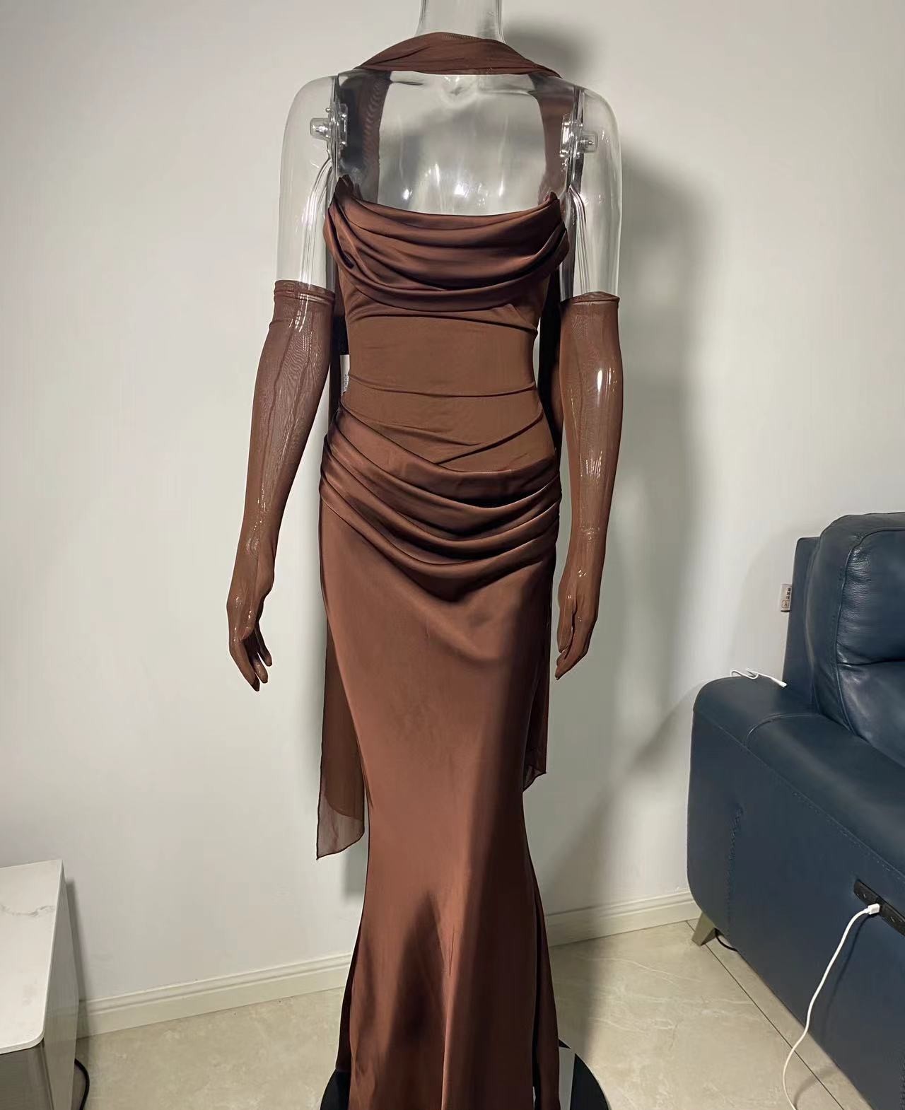 Sdm195 Elegant Mesh Patchwork Strapless Two-Piece Party Dress Set