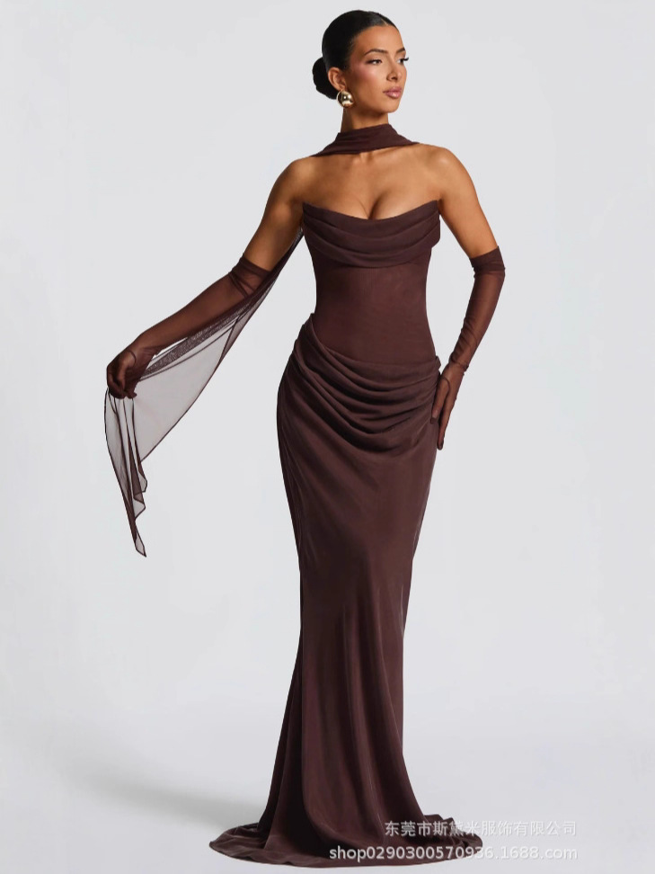 SDM195 Mesh Strapless Evening Gown Two-Piece Set Party Dress with Sheer Gloves