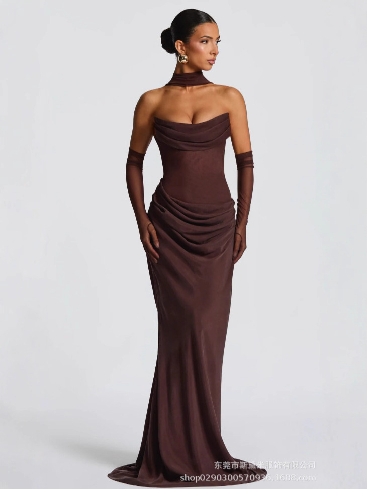 SDM195 Mesh Strapless Evening Gown Two-Piece Set Party Dress with Sheer Gloves