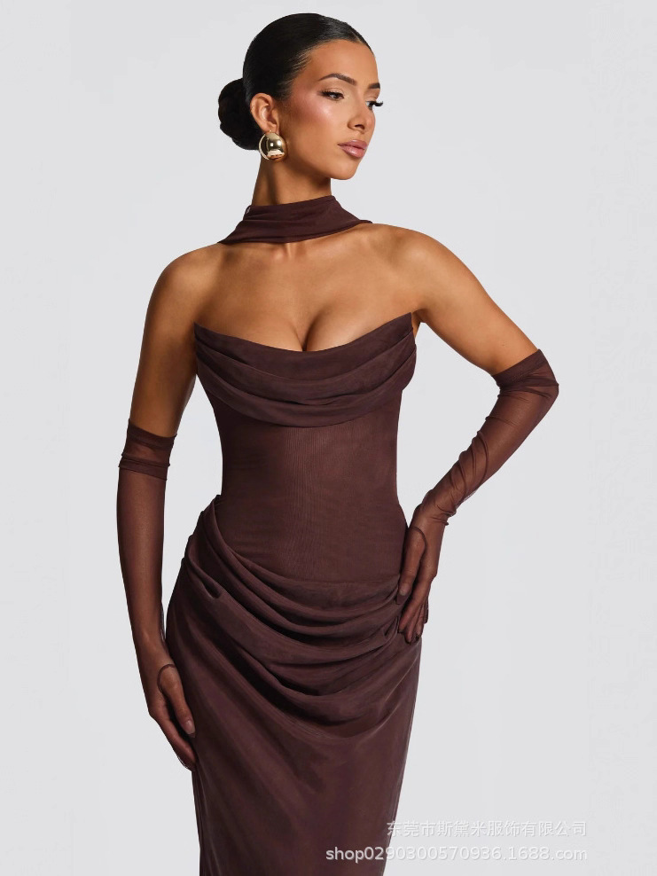 SDM195 Mesh Strapless Evening Gown Two-Piece Set Party Dress with Sheer Gloves
