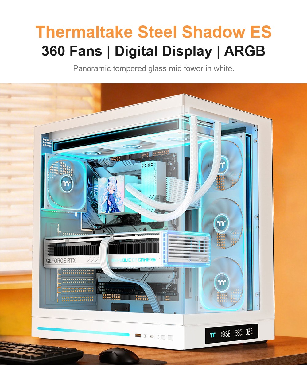 Thermaltake Steel Shadow ES Panoramic Tempered Glass PC Case ATX/MicroATX/ITX Mid Tower Digital Temp Display ARGB Strip, - detail 6