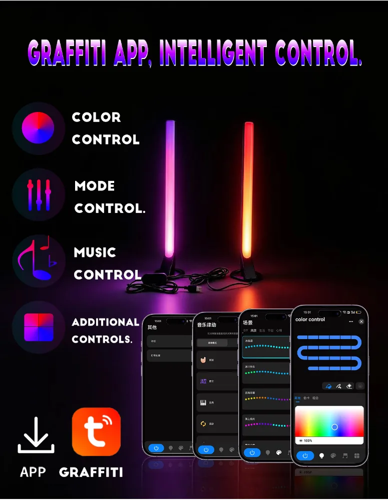 RGB Bedroom Ambience Light Sound Reactive Desktop Lamp with Bluetooth App and Remote, 2 Strips - detail 7
