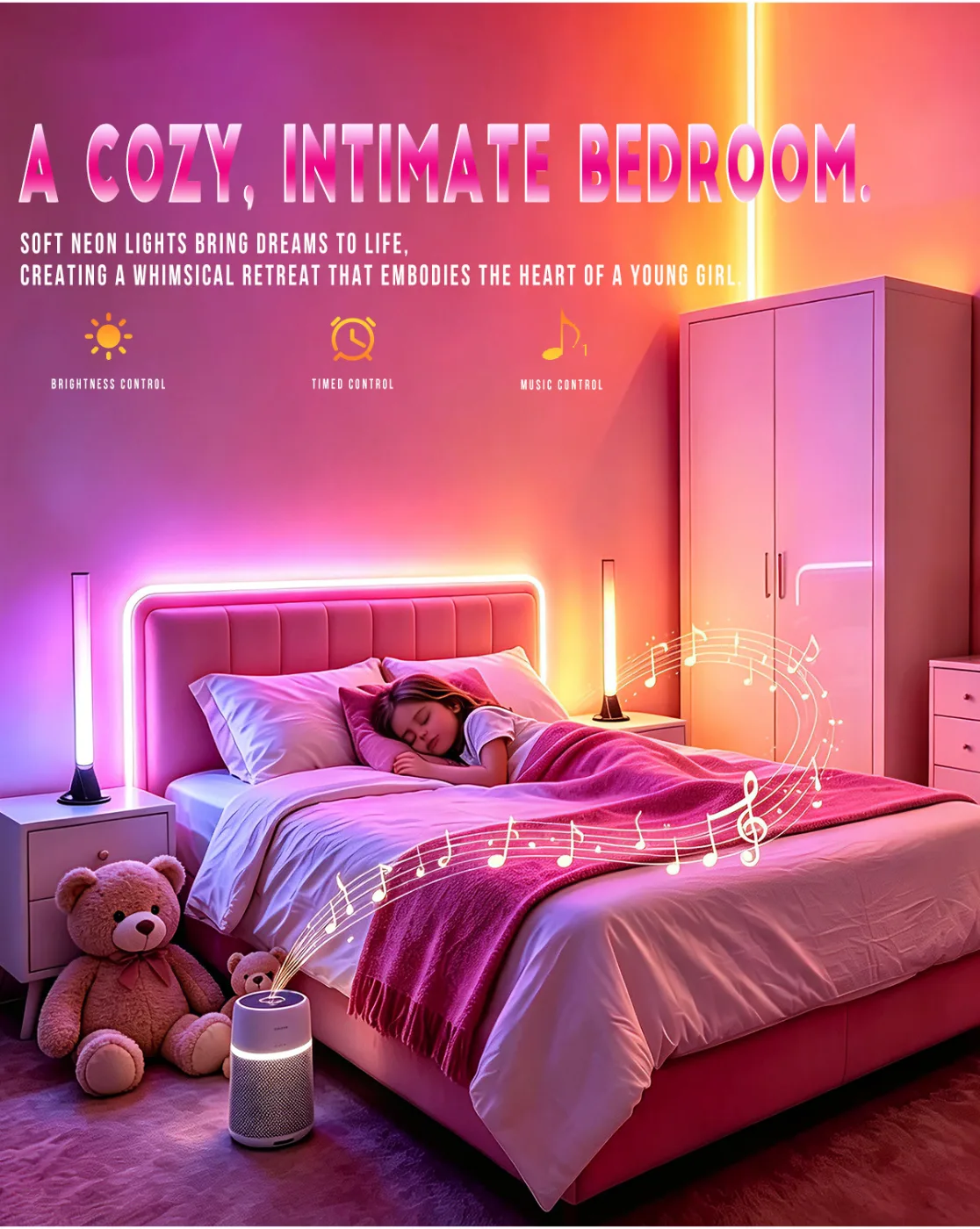 RGB Bedroom Ambience Light Sound Reactive Desktop Lamp with Bluetooth App and Remote, 2 Strips