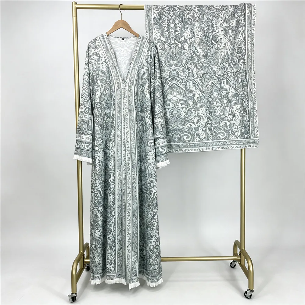 Fashion Printed Four-Way Stretch Open-Front Long Robe with Matching Headscarf - detail 2
