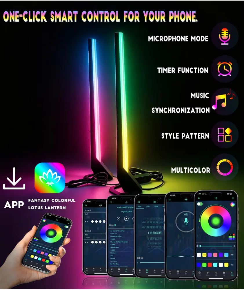 RGB Bedroom Ambience Light Sound Reactive Desktop Lamp with Bluetooth App and Remote, 2 Strips - detail 6