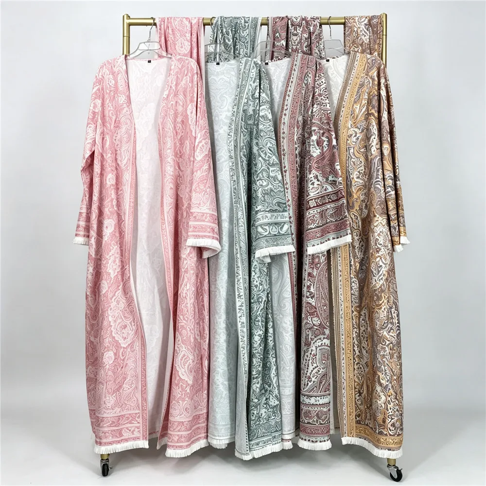 Fashion Printed Four-Way Stretch Open-Front Long Robe with Matching Headscarf