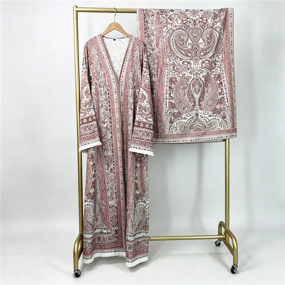 Fashion Printed Four-Way Stretch Open-Front Long Robe with Matching Headscarf - detail 8