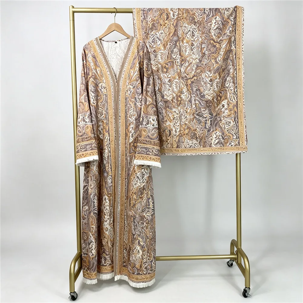 Fashion Printed Four-Way Stretch Open-Front Long Robe with Matching Headscarf - detail 1