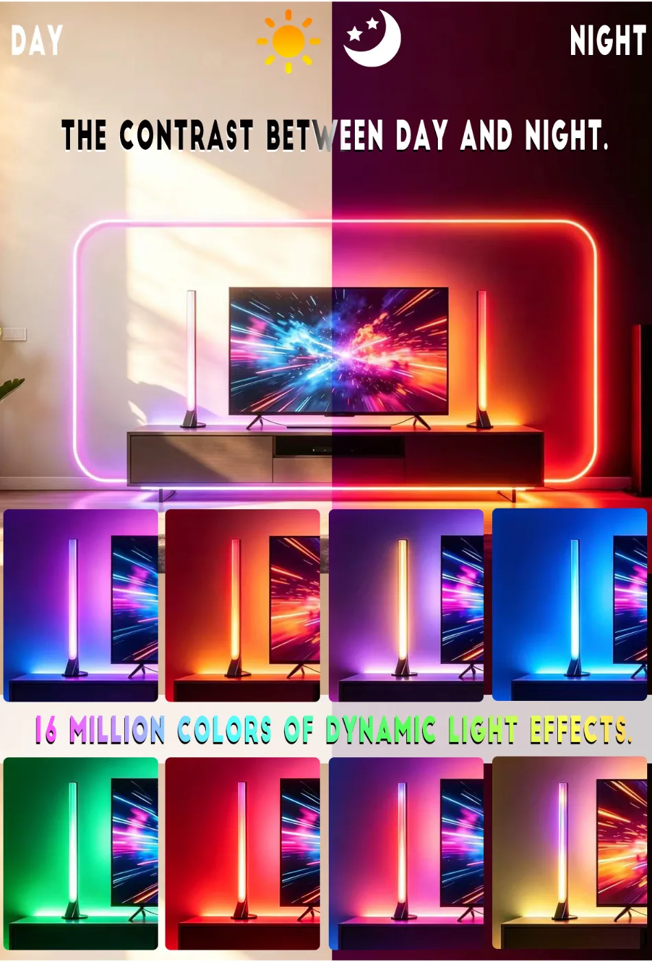 RGB Bedroom Ambience Light Sound Reactive Desktop Lamp with Bluetooth App and Remote, 2 Strips