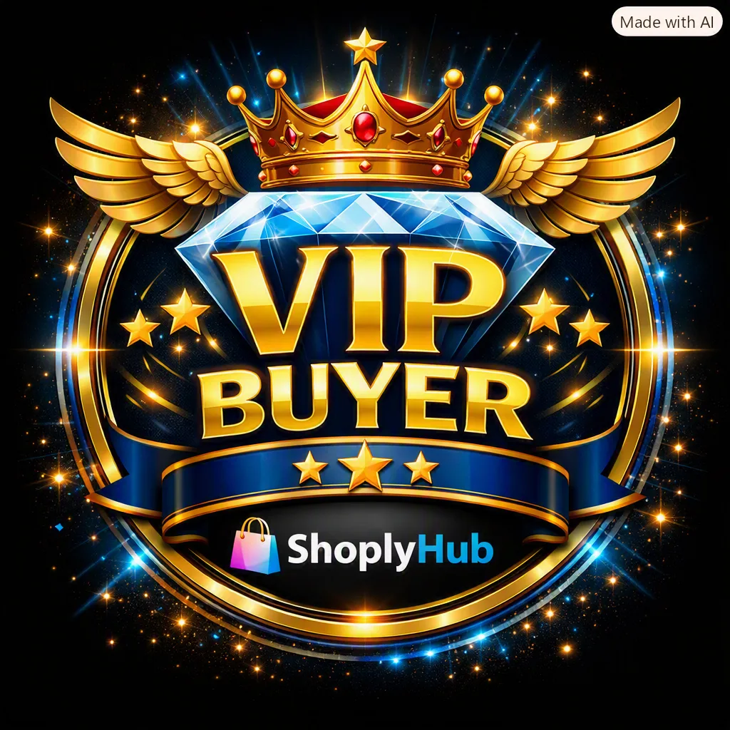 Show your elite status with the official ShoplyHub VIP Buyer badge luxury design for trusted premium buyers.