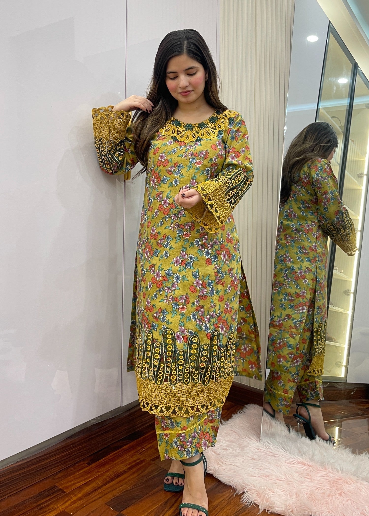cambric Kurta Set in Yellow green