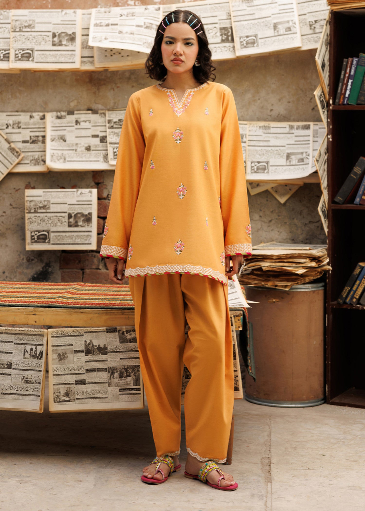 lawn Kurta Set in Ochre orange