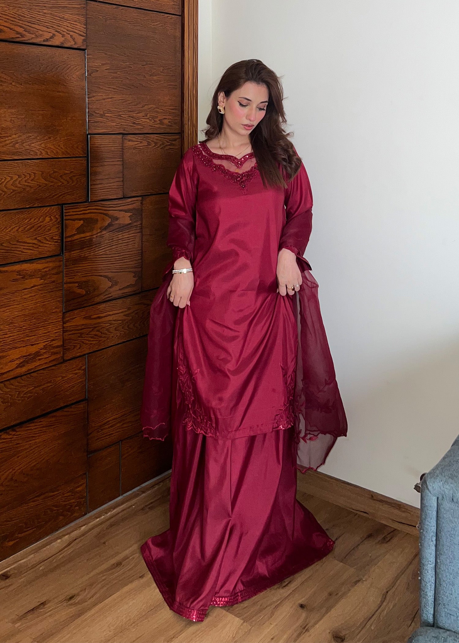 silk Sharara in Maroon