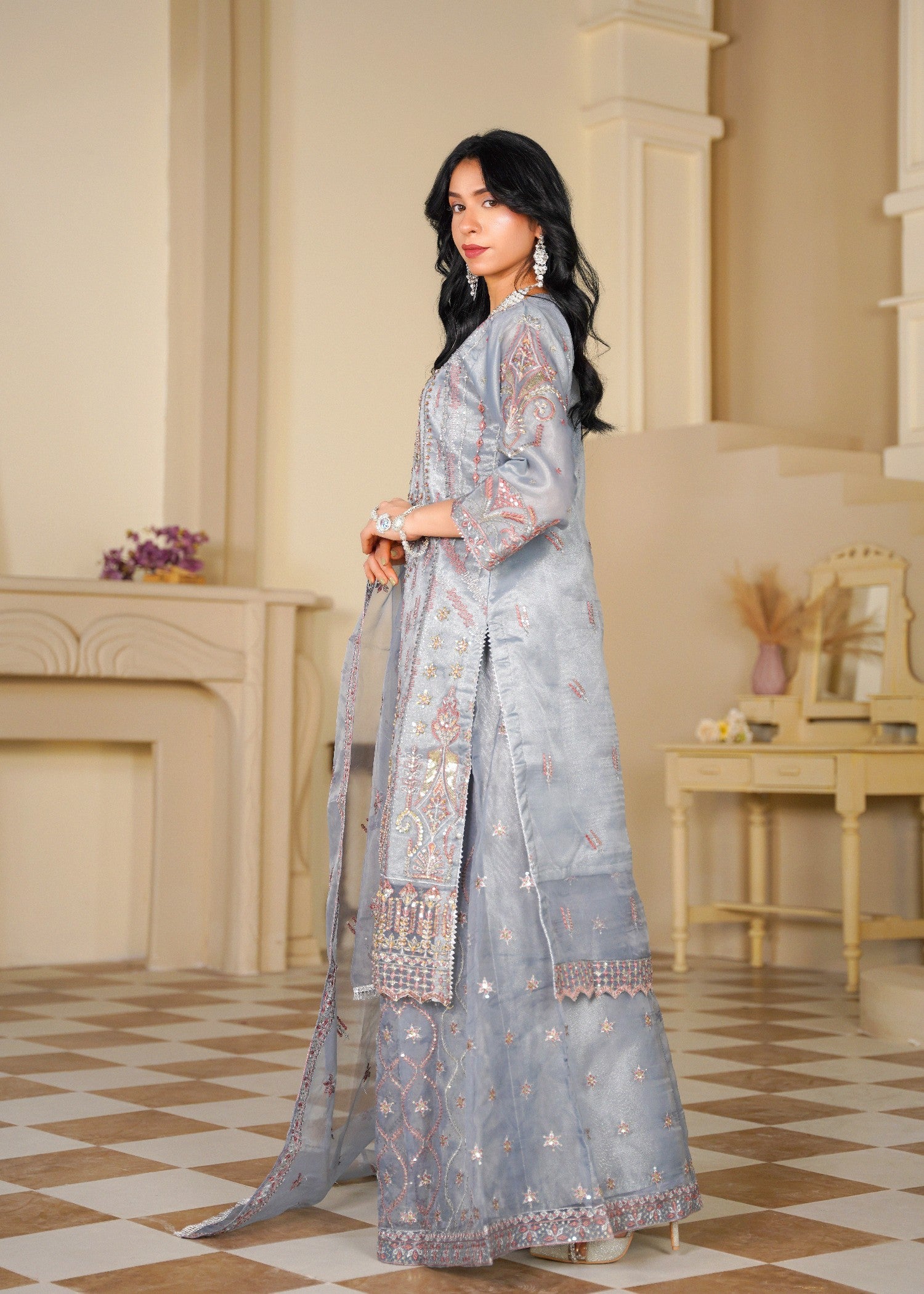 organza Sharara in Steal grey, silver