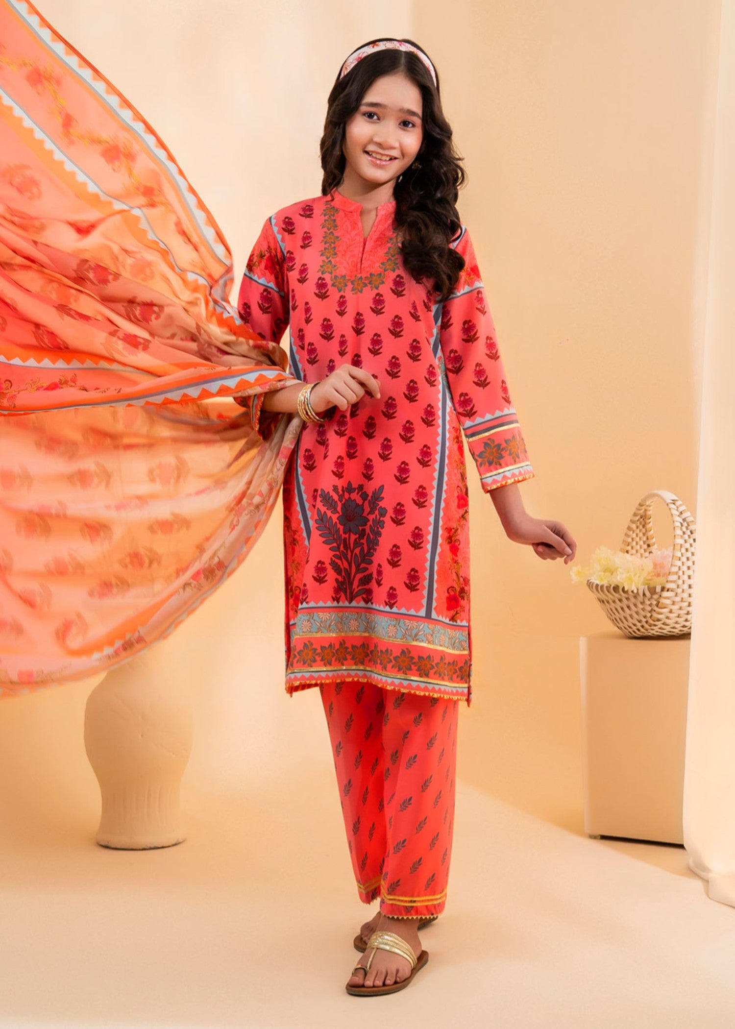 poly lawn Kurta Set in Coral red