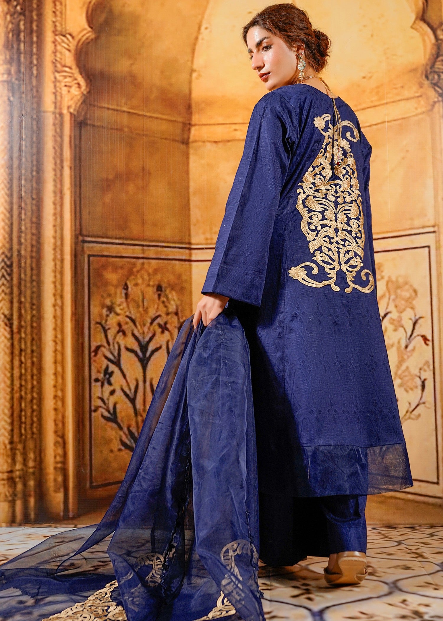 cotton jacquard Kurta Set in Navy blue