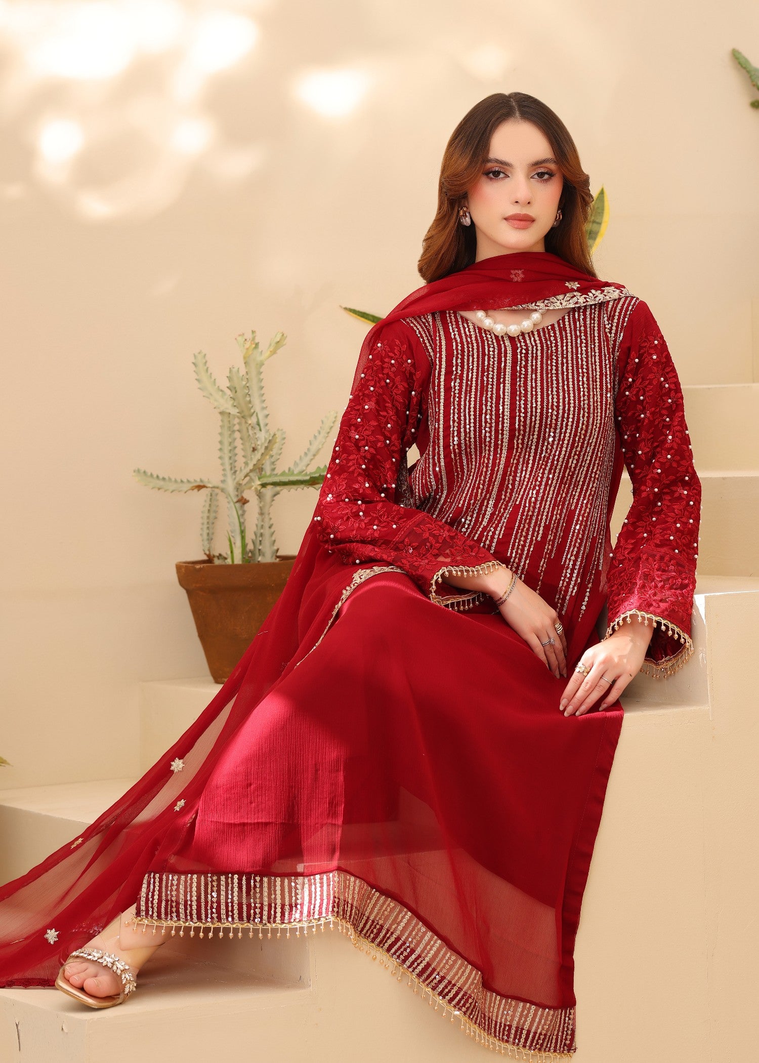 chiffon Kurta Set in Maroon
