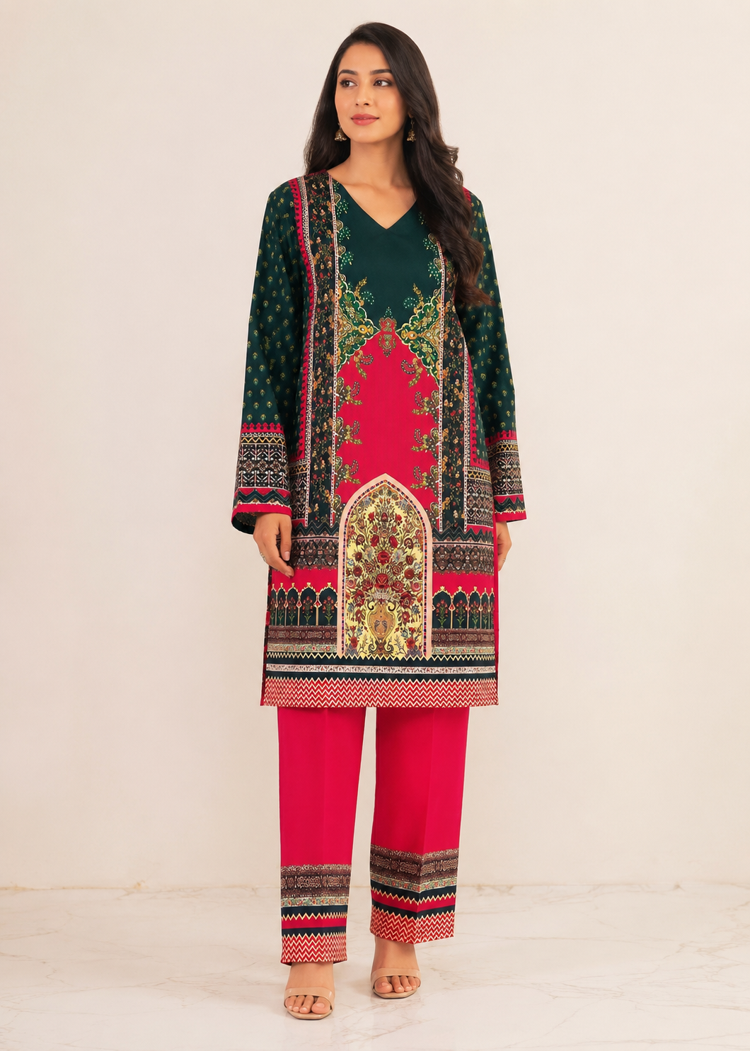 herringbone Kurta Set in Black, brick red