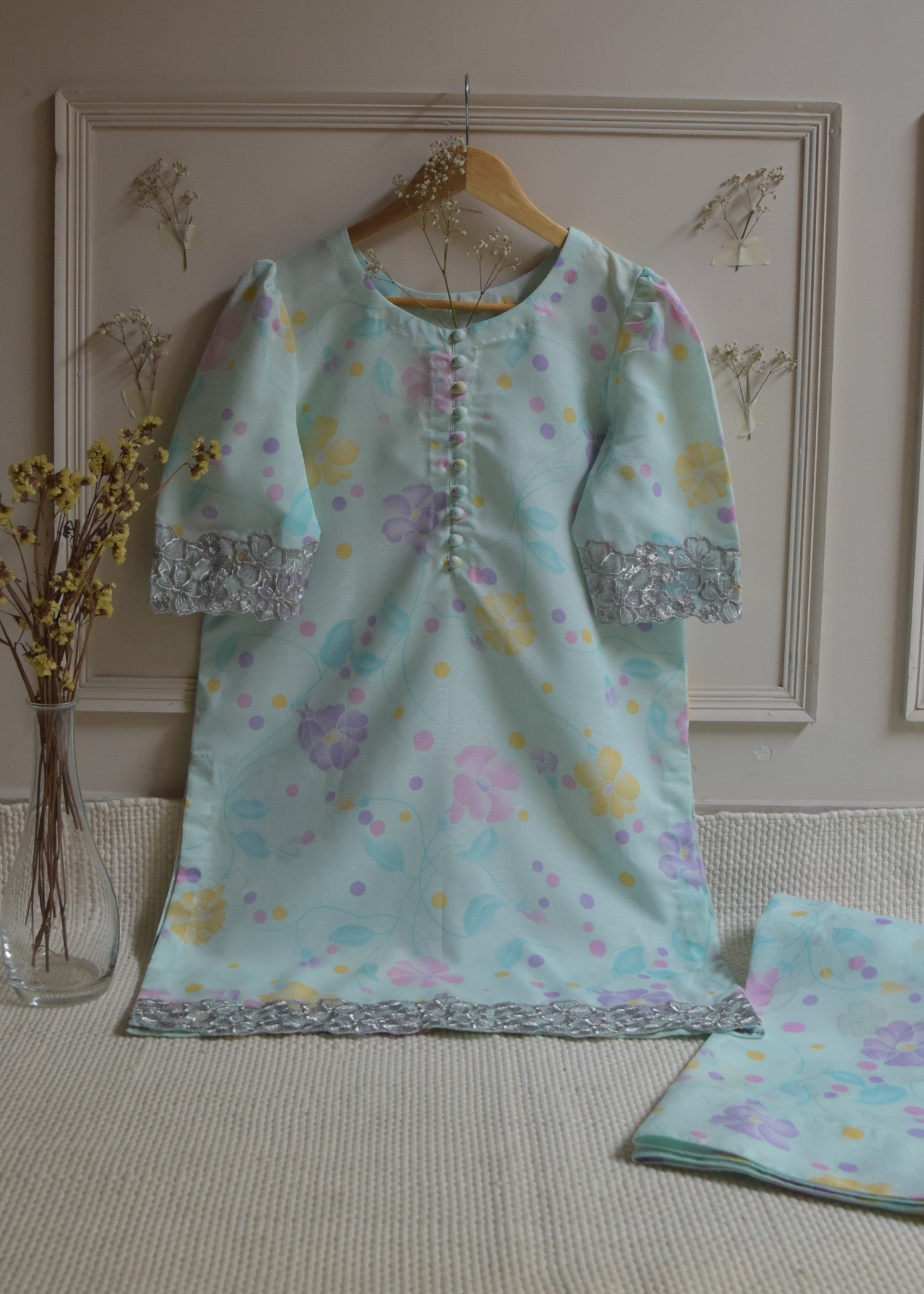 cotton dobby Kurta Set in Ice blue