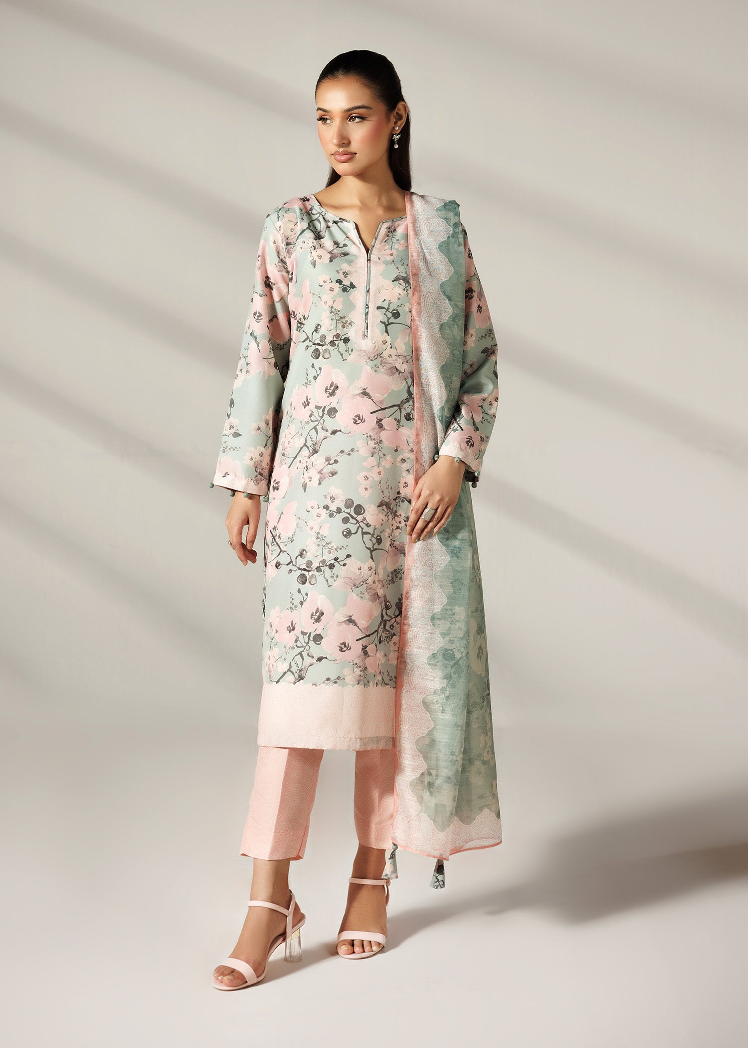 silk finish lawn Kurta Set in Multi