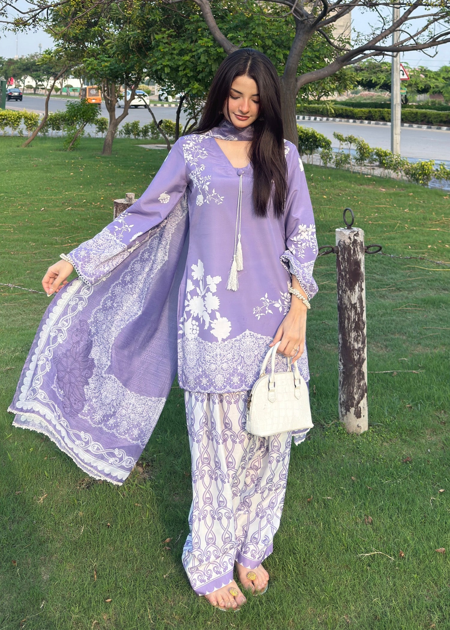 silk finish lawn Kurta Set in Lilac
