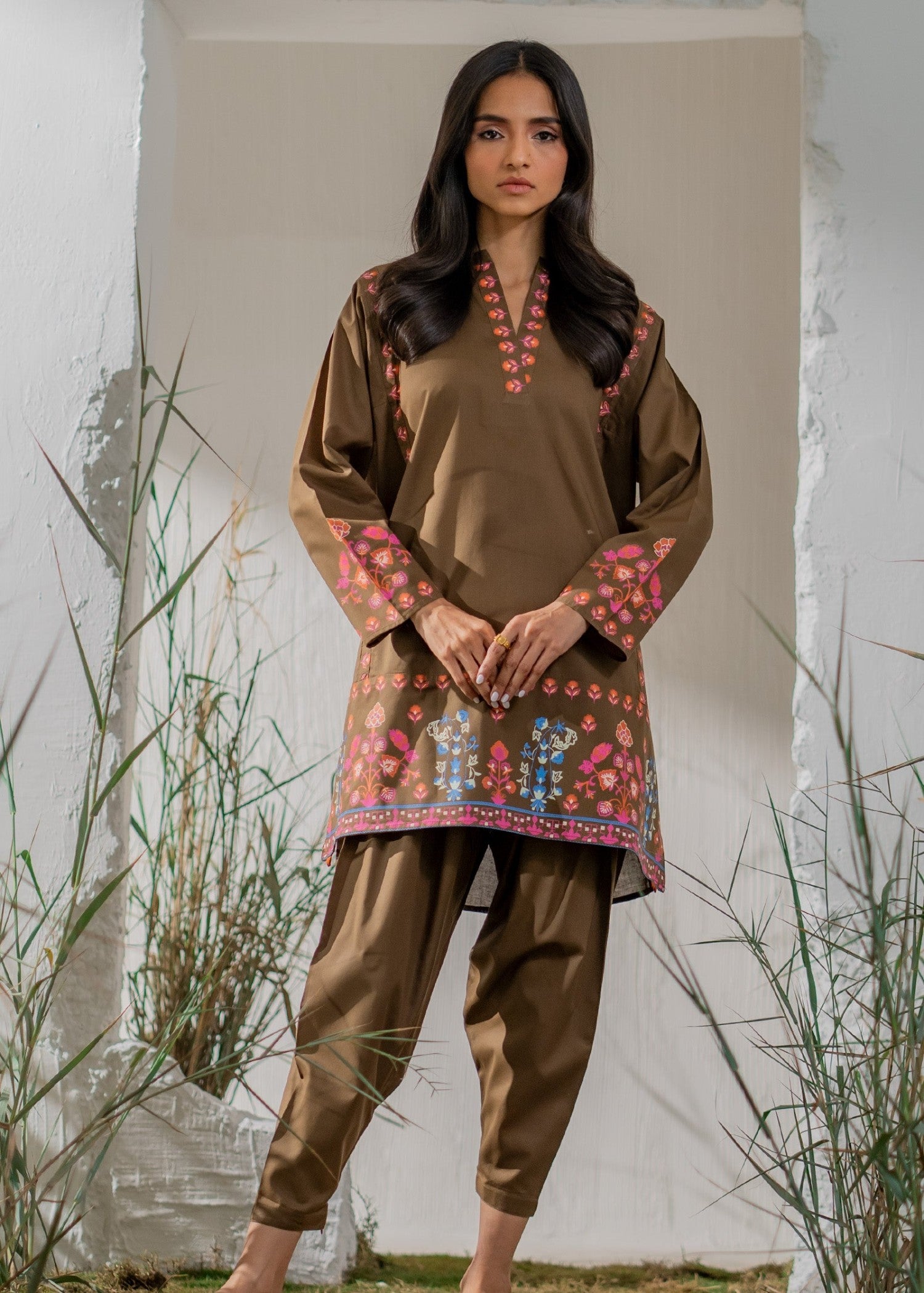 poly lawn Kurta Set in Coffee brown
