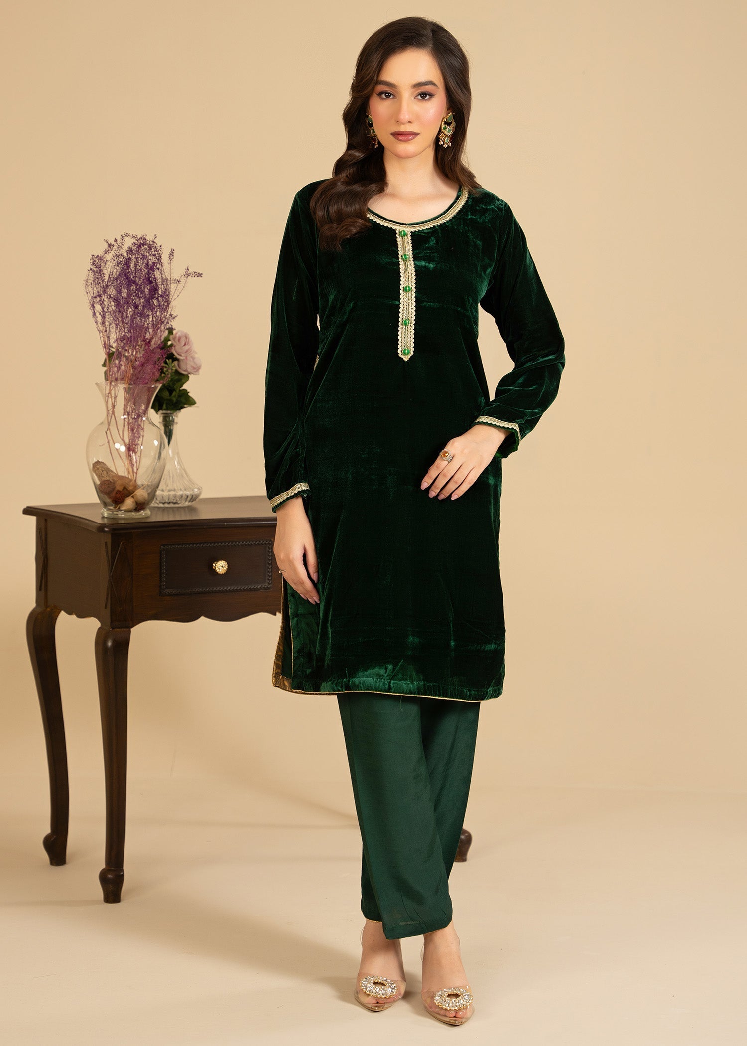 velvet Kurta Set in Dark green