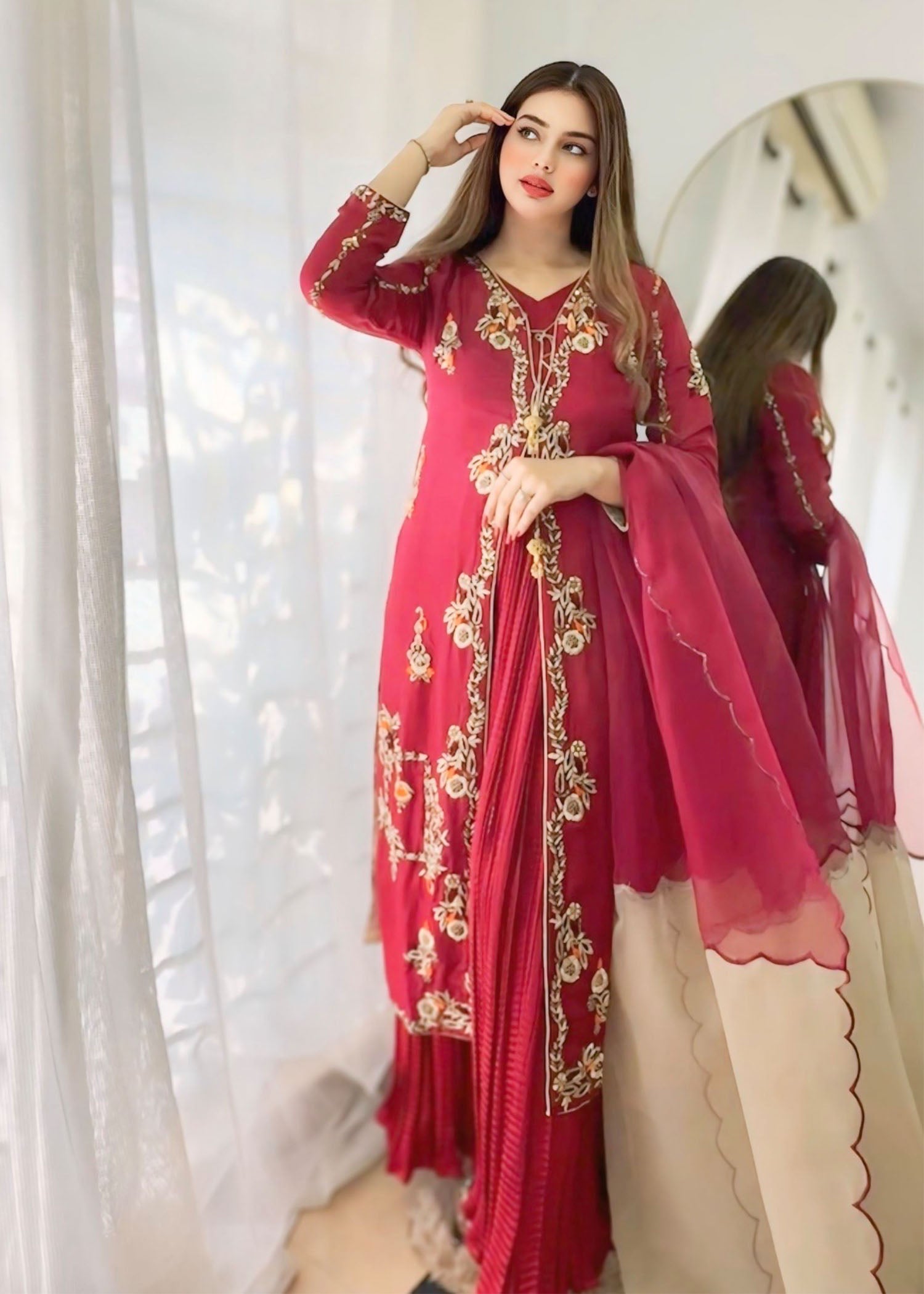 tussar silk Gown in Maroon