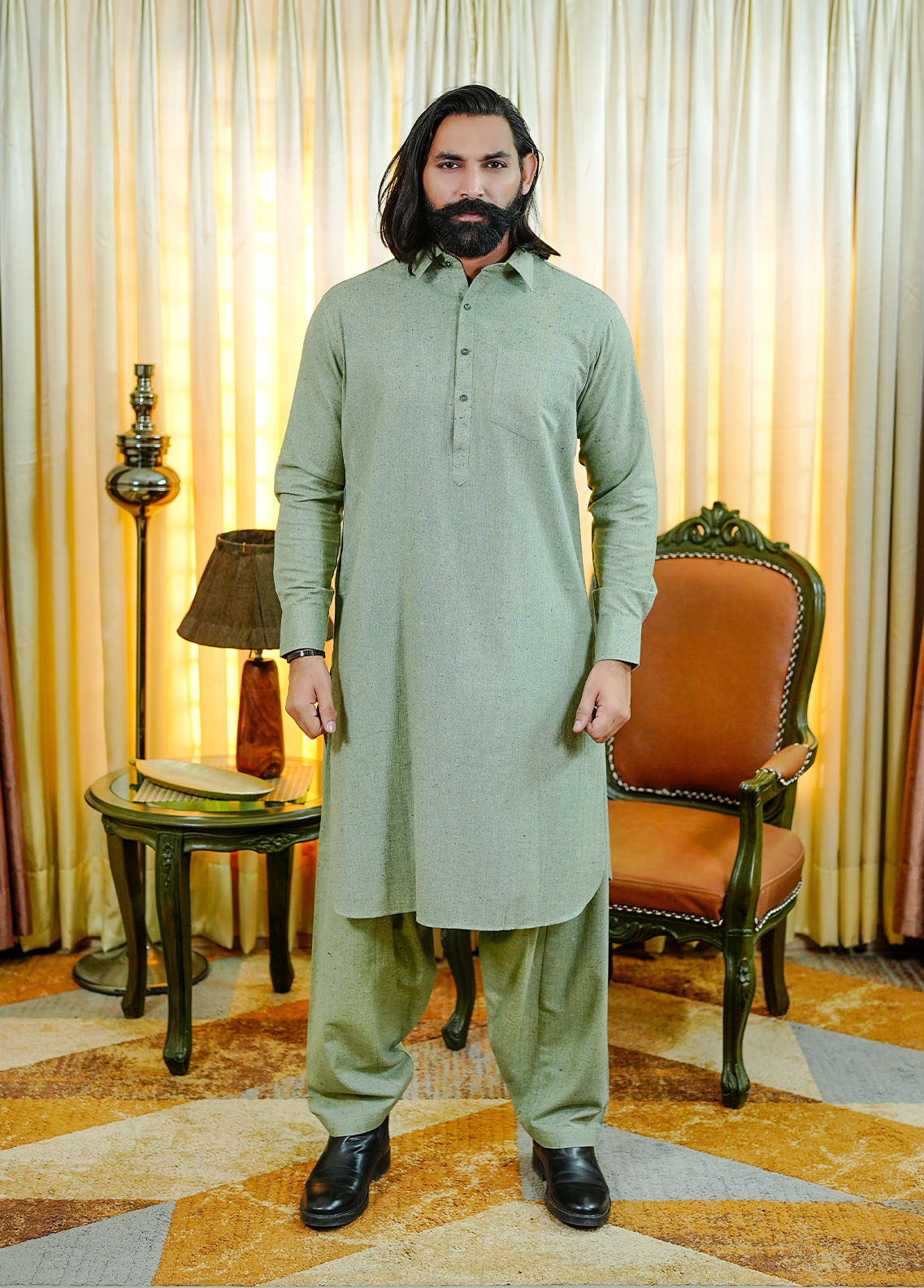 wool viscose Shalwar Kameez in Pistachio green
