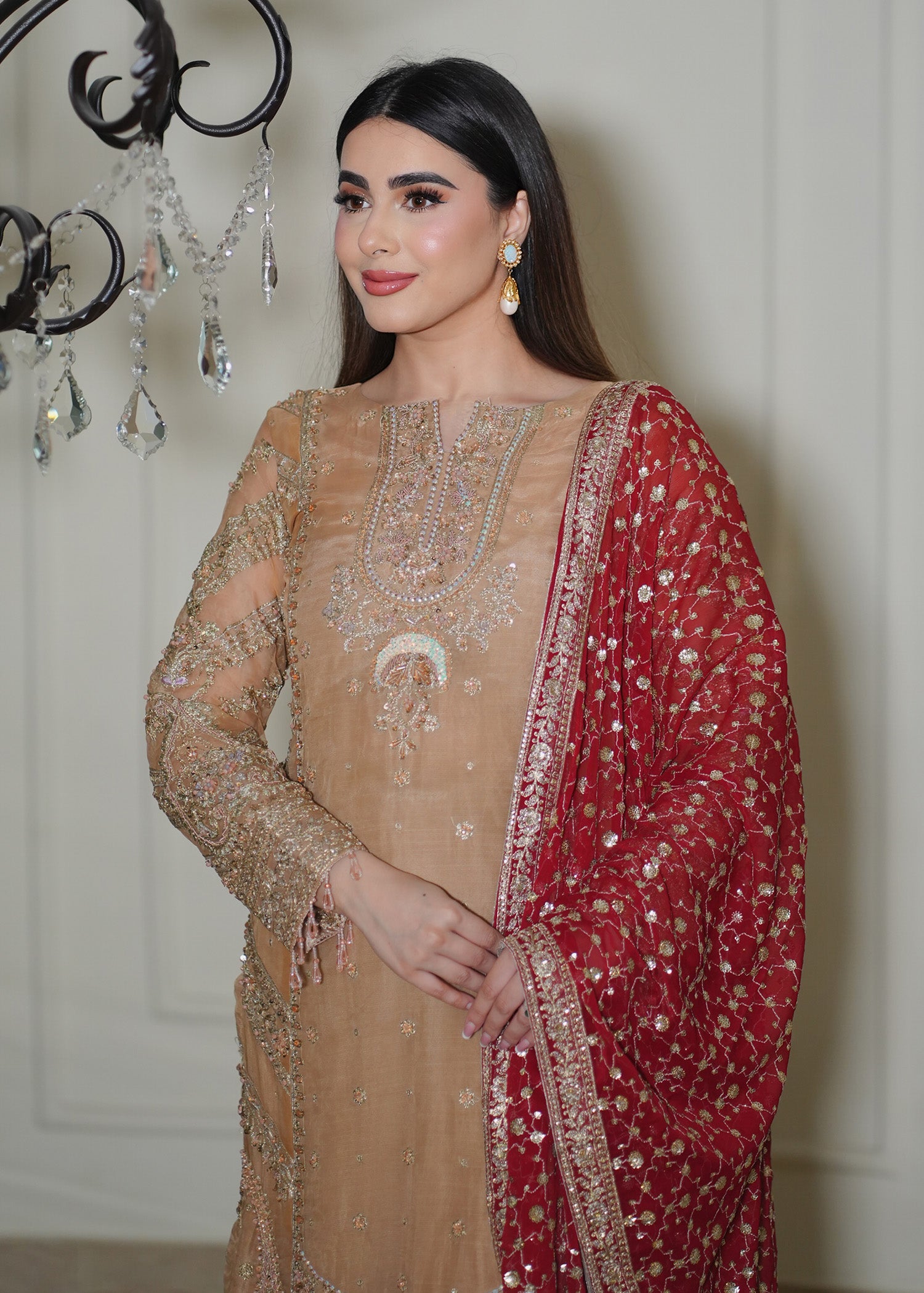 organza Kurta Set in Sand brown, maroon