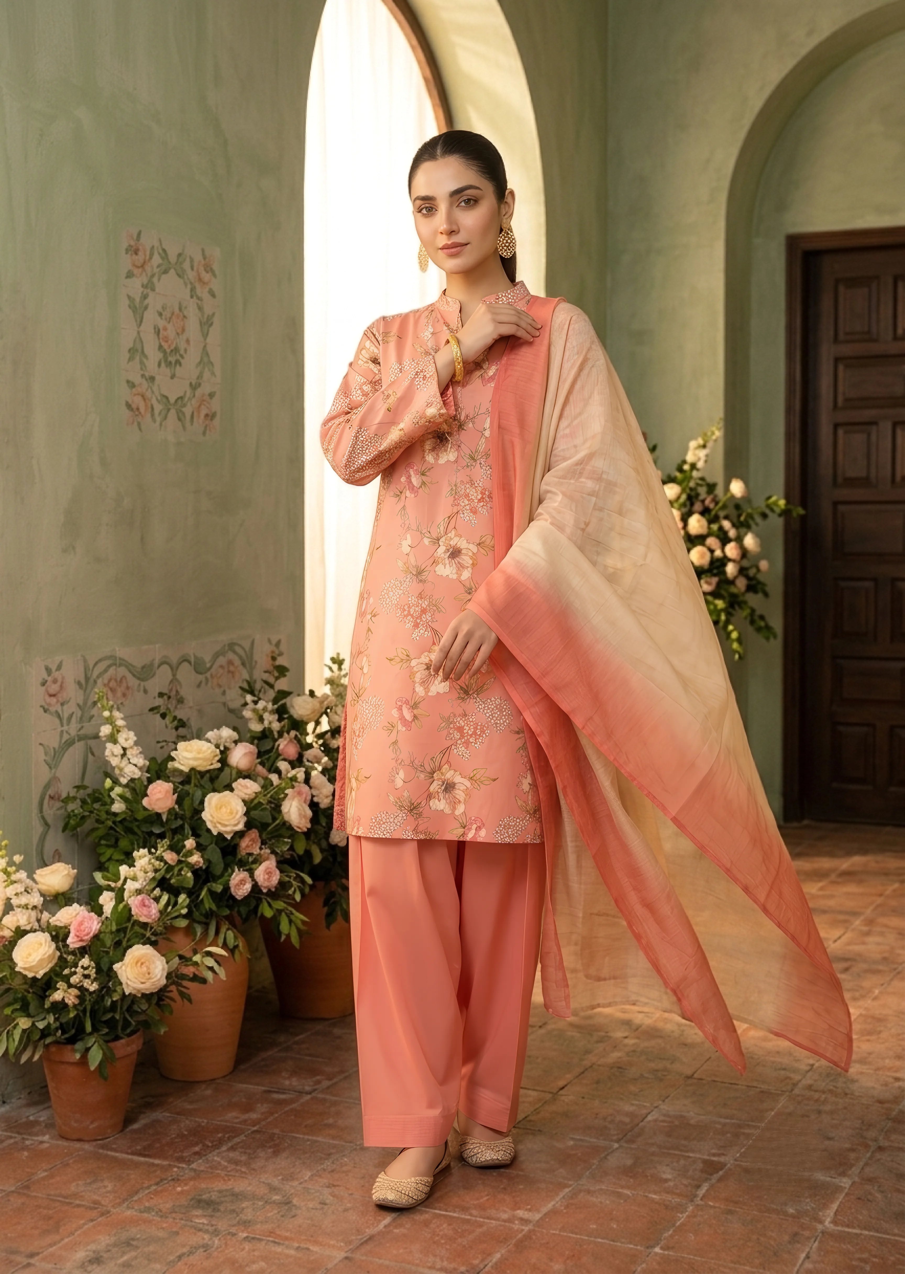 slub lawn Kurta Set in Peach pink